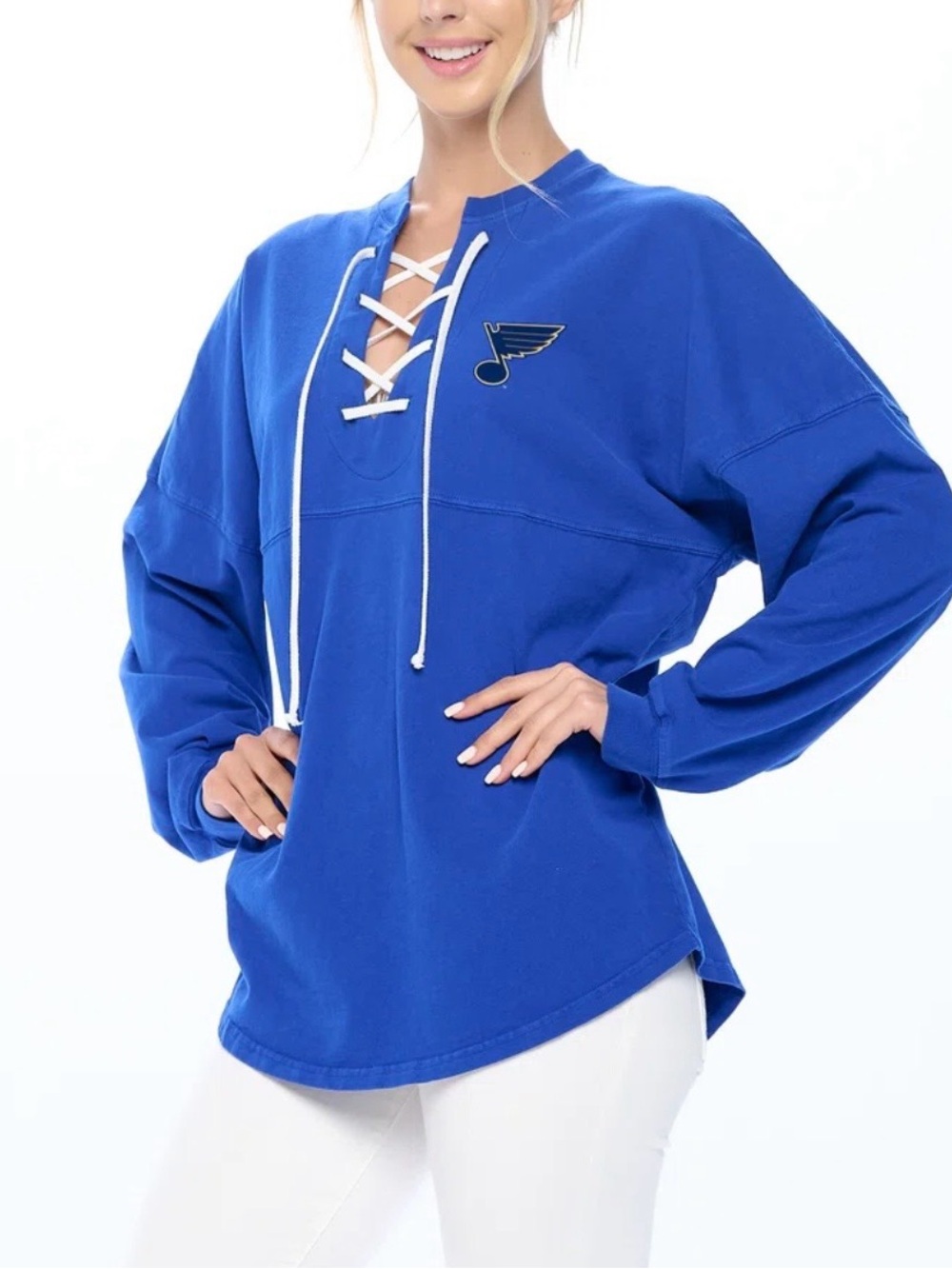 St. Louis Blues Fanatics Spirit Lace-Up V-Neck Long Sleeve Jersey T-Shirt NWT